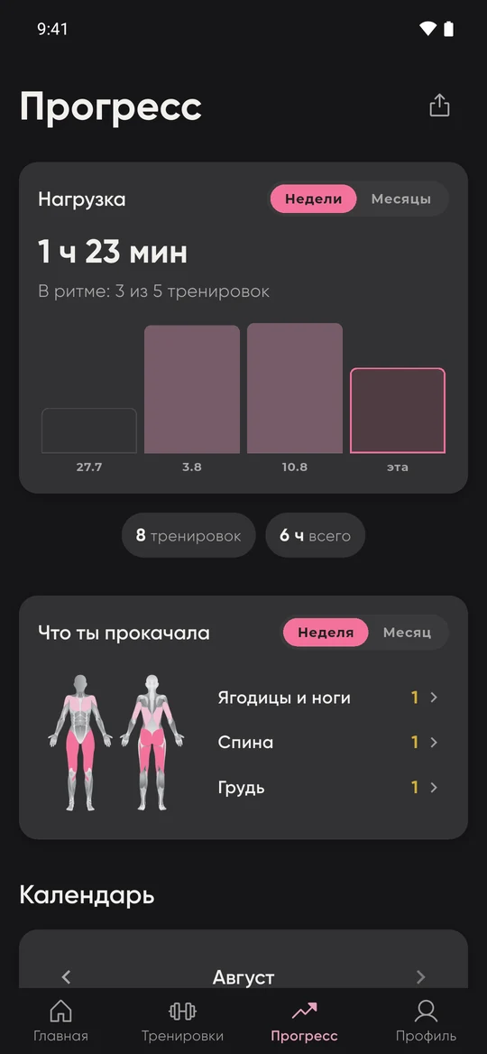 Прогресс: статистика недели и ритм тренировок